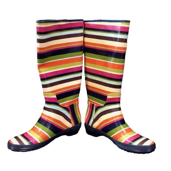 COACH Multi Stripe Mid Calf Rain Boots w Low Heel and Navy Lining Sz 7 - Picture 12 of 12